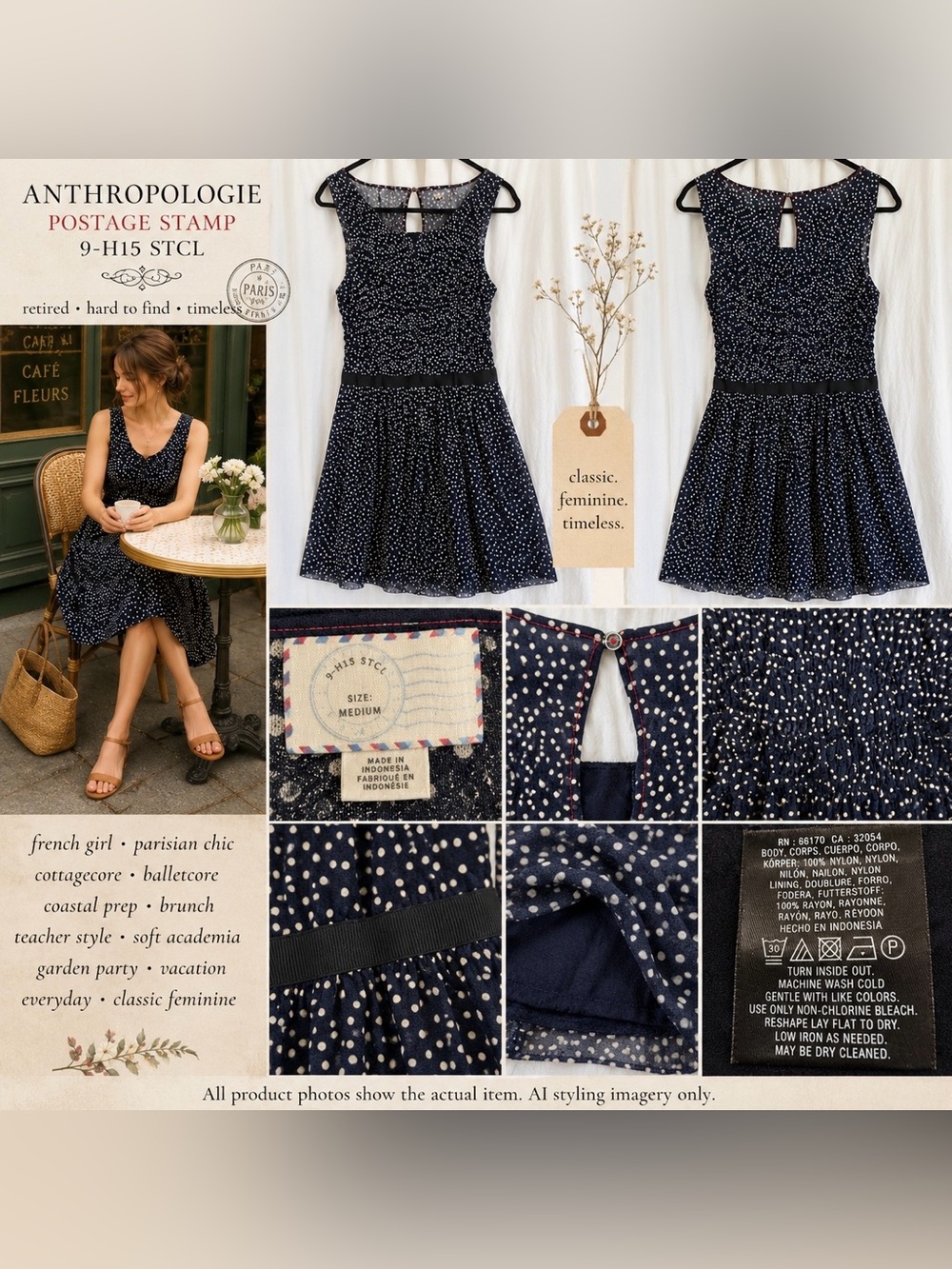 Anthropologie Postage Stamp 9-H15 STCL Navy Polka Dot Smocked Fit Flare Dress M